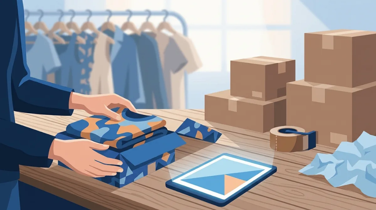 Askıda duran renkli kıyafetler ve paketlenmeye hazır kargo kutuları.